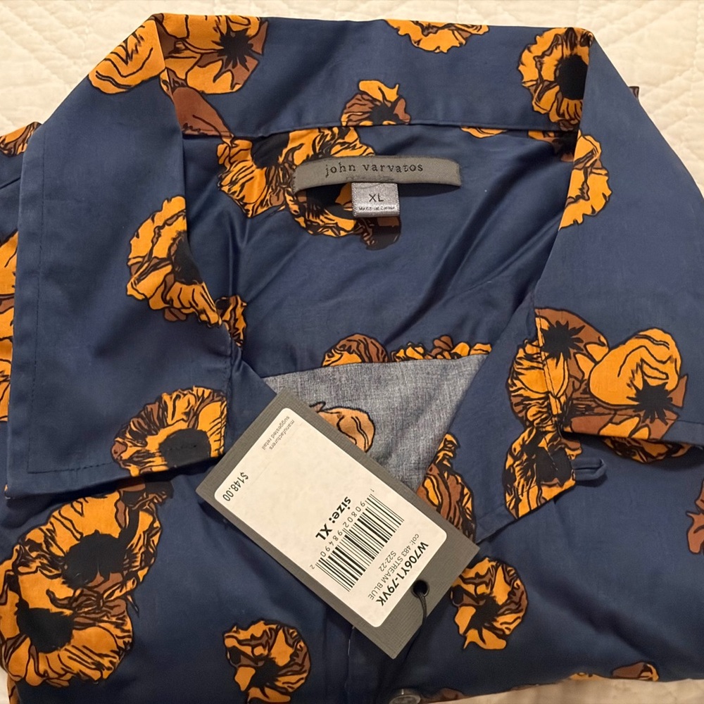 John Varvatos Stream Blue Shirt with Orange Floral Design